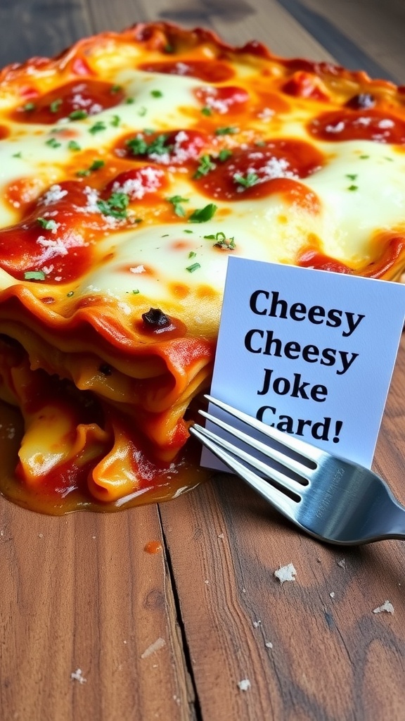 A baked lasagna with melting cheese and tomato sauce, accompanied by a joke card on a wooden table.